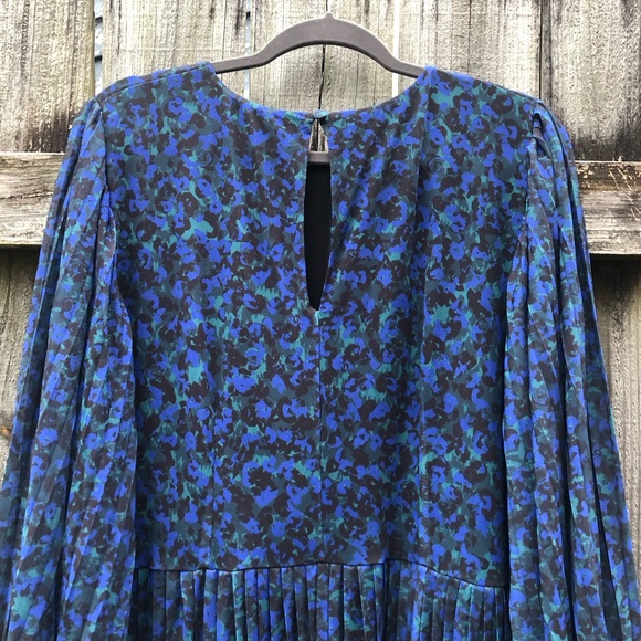 Boden Midi Dress Size 20 Blue Floral Watercolor Long Balloon Sleeve Pleated - Picture 15 of 16